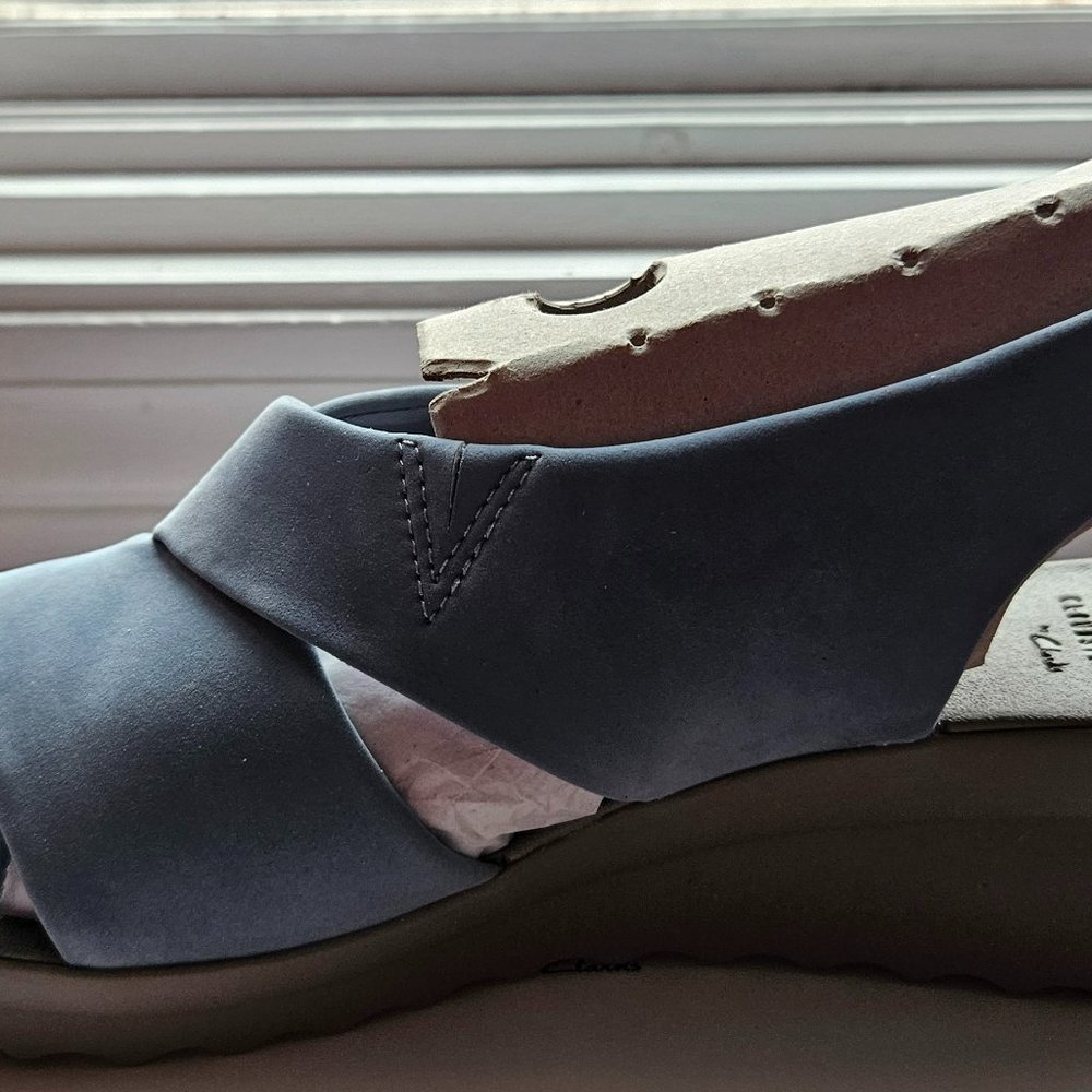 Clark's Cloudsteppers Blue/Grey Wedge Suede Slingback Adjustable Spring Sandal